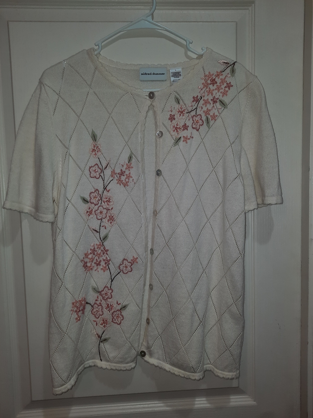 Alfred Dunner Cream Short-Sleeve Cardigan with Pink Floral Embroidery